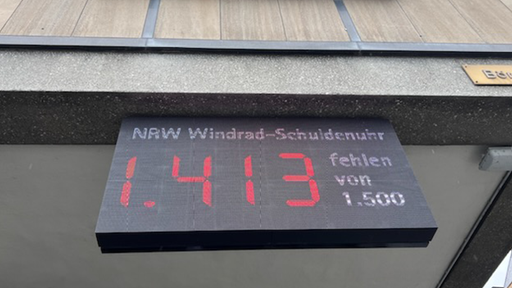 Eine schwarze Anzeigetafel mit roten Zahlen drauf und der Beschriftung "NRW Windrad-Schuldenuhr"
