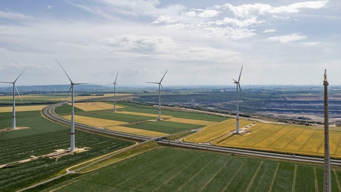 Sechs Windräder inmitten einer weiten, grünen Landschaft.