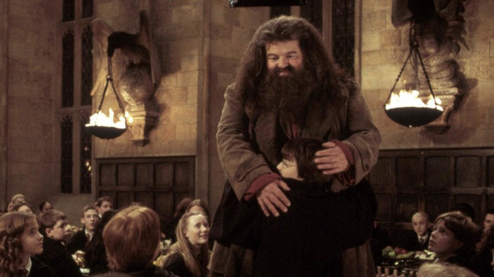 Schauspieler Robbie Coltrane in seiner Rolle als Hagrid in "Die Kammer des Schreckens" der Harry Potter Reihe