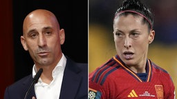 ie Bildkombo zeigt Jennifer Hermoso (r), spanische Fußballspielerin und Luis Rubiales, Präsident des spanischen Fußballverbandes RFEF