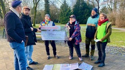 Das Bild zeigt Demonstranten gegen Baumfällarbeiten im Schlosspark Moers