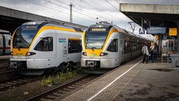 Am Hammer Hauptbahnhof stehen zwei Züge nebeneinander auf den Gleisen.