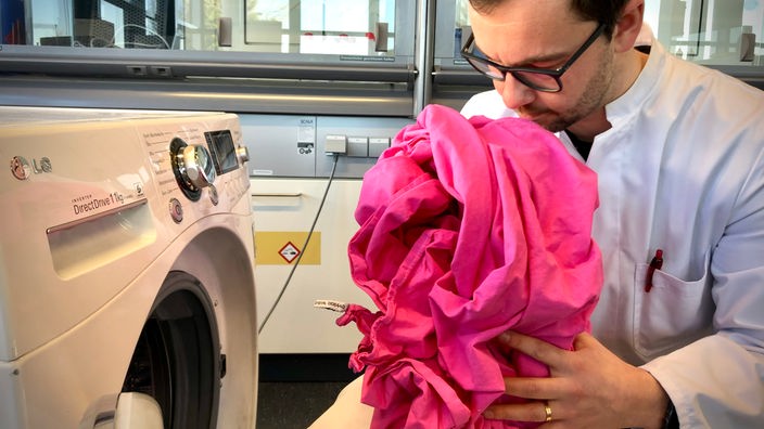 Mikrobiologe Marc-Kevin Zinnn schnuppert an muiffiger Wäsche