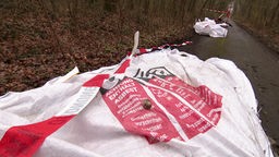 Ein großer Müll-Sack mit der Aufschrift "Achtung, enthält Asbest" liegt auf einem Waldweg, darauf sitzt eine Schnecke.