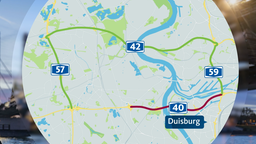 Karte mit Autobahnabschnitten rund um Duisburg, Sperrung und Öffnung eingezeichnet