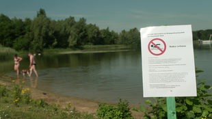 Ein Schild am Horstmarer See weist ein Badeverbot aus, einige Menschen sind trotzdem im Wasser