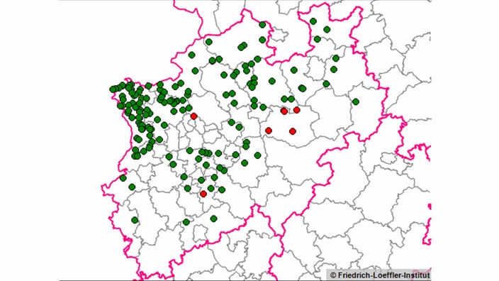 Auf einer Karte ist die Verbreitung der Krankheit in NRW markiert