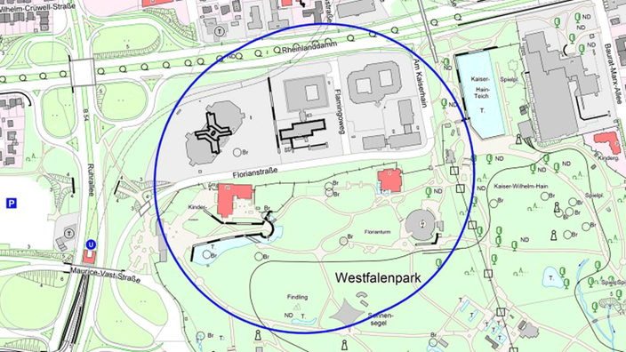 Karte von Dortmund, in der durch ein Kreis der Evakuierungsradius markiert ist