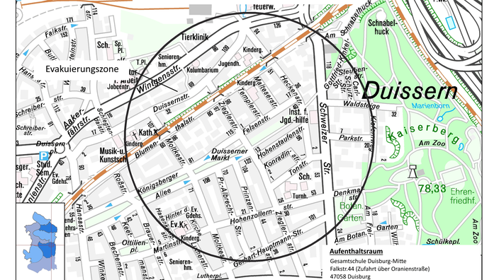 Eine Stadtkarte mit der eingezeichneten Evakuierungszone um den Fundort der Bombe