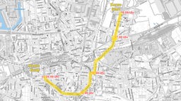 Eine Karte der Dortmunder Innenstadt, auf der die Strecke des BVB-Korso