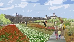 Eine Visualisierung der Landesgartenschau 2029 in Kleve zeigt Erwachsene und Kinder, die zwischen Blumenbeeten entlanglaufen. Im Hintergrund ist die Stadt Kleve zu sehen.