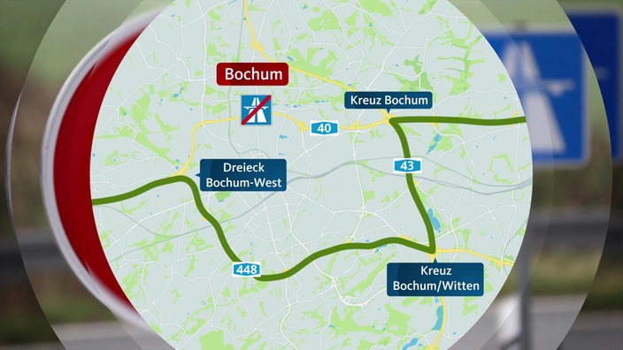 Eine Karte zeigt die Umleitung von der A40 bei Bochum über die A448 und die A43.