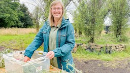 Uni-Mitarbeiterin Julia Schüer steht auf dem Feld an einem Tisch. Sie bearbeitet gerade Wermut, der auch auf dem Acker wächst.