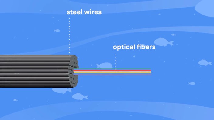Darstellung und Aufbau eines Seekabels beschriftet mit "optical fibers" und "steel wires"