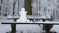 Ein Schneemann auf einer Sitzbank