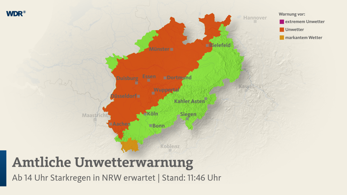 Karte von NRW, welche einen Überblick über die Unwetterwarnung gibt.