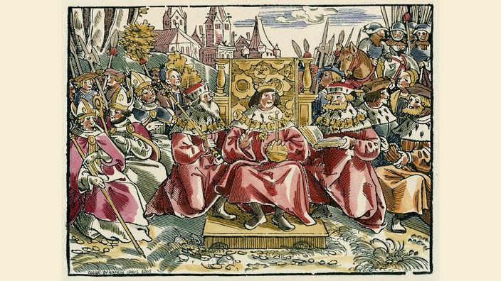 Colorierte Grafik : Krönung  Karl V. zum dt. Koenig 1520