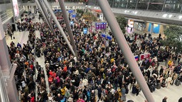 Viele Menschen an den Check-In-Schaltern am Flughafen Düsseldorf