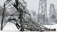 Archivbild: Umgeknickte Strommasten stehen auf einem Feld