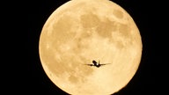 USA, Chicago: Ein Flugzeug fliegt vor dem Supermond, der über dem Michigansee aufgeht.