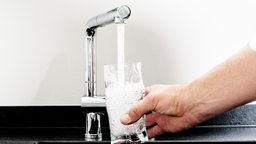 Aus einem Wasserhahn fließt Leitungswasser in ein Glas, welches von einer männlichen Hand gehalten wird