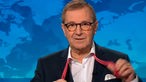 Jan Hofer, Chefsprecher der «Tagesschau», zieht sich nach seiner letzten Nachrichtensendung die Krawatte aus