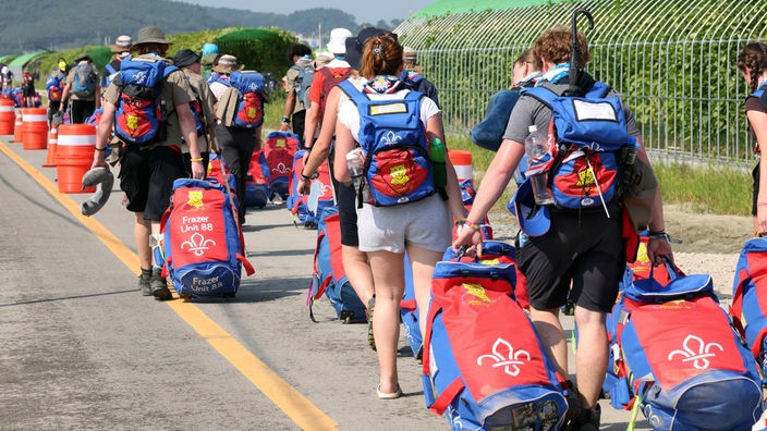 Britische Pfadfinder verlassen am 06.08.2023 das "World Scout Jamboree"-Zeltlager in Südkorea
