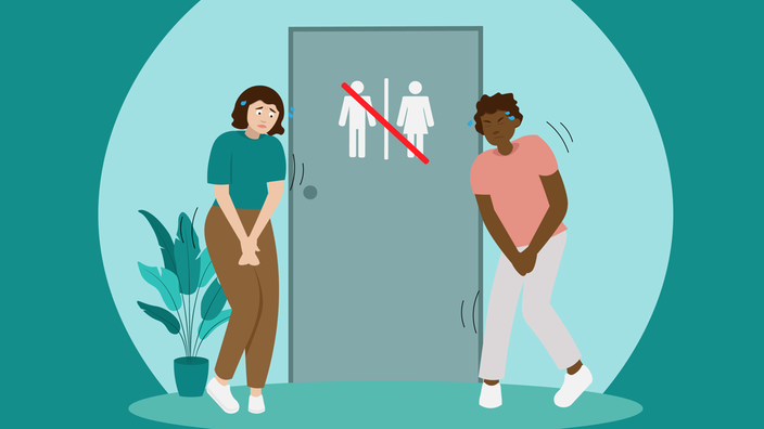 Illustration zeigt zwei Menschen mit leidendem Gesichtsausdruck, die vor einer Tür mit einem durchgestrichenen Toilettensymbol stehen