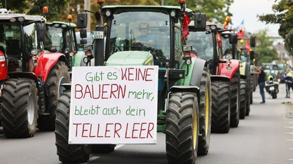 Mehrer Traktoren stehen vor dem Landwirtschaftsministerium in NRW. Auf einem Traktor ist ein Schild zu verzeichnen, auf dem steht: "Gibt es keine Bauern mehr, bleibt auch dein Teller leer."