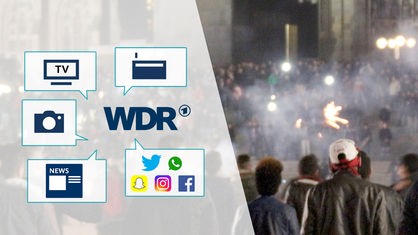 Montage: WDR Pictogramme, Fernsehen, Hörfunk, News, SocialMedia Pictogramme, Menschen am 31.12.2015 in Köln auf dem Vorplatz des Hauptbahnhofs