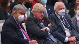 1. November 2021: Antonio Guterres, Boris Johnson und David Attenborough hören einem Redner während der Eröffnungszeremonie der UN-Klimakonferenz COP26 in Schottland zu