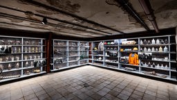 Ausstellung Untertagewelt auf Zeche Zollverein: Regal mit Lampen und Flaschen