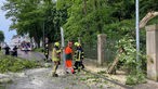 Unwetter in Bornheim: Baumstamm liegt über einem Zaun