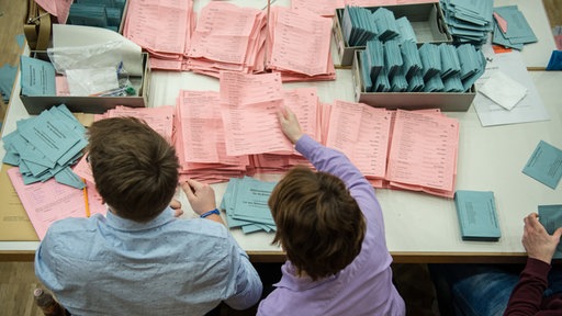 Das Bild zeigt zwei Wahlhelfer und einen Tisch voller Wahlunterlagen.