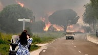 Eine Frau fotografiert in Saint-Andre in der Nähe von Argeles-sur-Mer im Südwesten Frankreichs einen Großbrand, der zur Evakuierung von rund 3000 Touristen von nahegelegenen Campingplätzen geführt hat. 