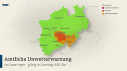 Eine NRW-Karte zeigt Warnungen des Deutschen Wetterdienstes