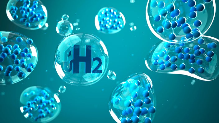 H2-Zapfsäulensymbol mit Wasserstoffmolekül in einer Flüssigkeit. 3D-Darstellung.