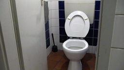 Frontansicht einer Toilette mit geöffnetem Deckel.