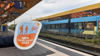 Eine Hand hält die Auszeichnung für den NRW Wanderbahnhof 2022 vor ein Gleis an einem Bahnhof.