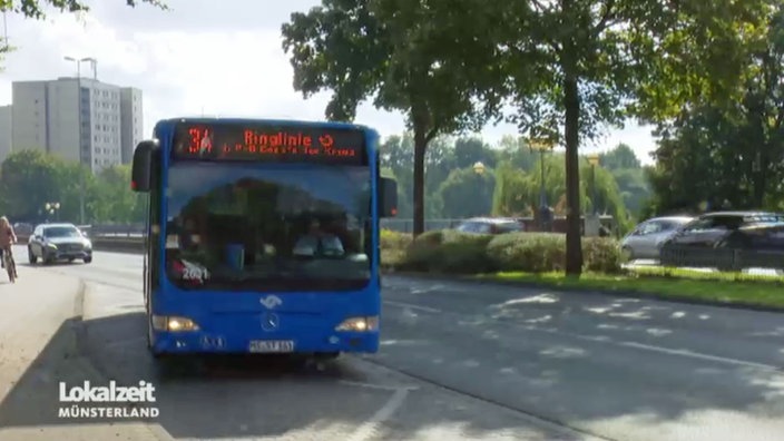 Blick auf einen blauen Bus mit der Lieniennummer 34