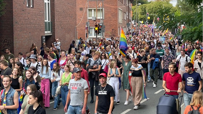 Menschen teilweise mit Regenbogenfahnen bei einem Demonstrationszug
