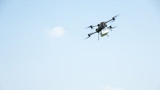 Drohne mit Paket fliegt
