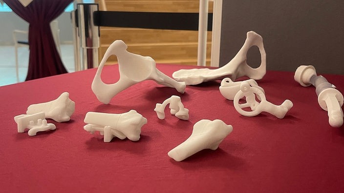 Modelle und Schablonen für verschiedene Knochen aus dem 3-D-Drucker liegen auf einem Tisch.