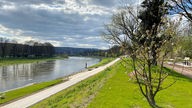 Blick vom Gelände der Landesgartenschau auf die sonnenbeschienene Weser