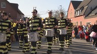 Ein Karnevalsumzug von Personen im Bienen-Kostüm.