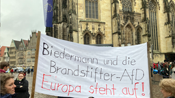 Auf einem Transparent bei der Demo ist "Biedermann und die Brandstifter-AfD Europa steht auf" zu lesen