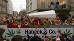 Jecken in bunten Kostümen stehen auf einem mit Cannabispflanzen bemalten Karnevalswagen, der am Rosenmontag über den Prinzipalmarkt in Münster fährt.