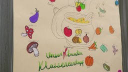 Ein Plakat mit der Aufschrift "Unser bunter Klasseneintopf" und bunten, gemalten Früchten und Obst