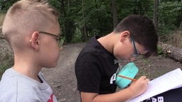 Das vierte Schuljahr der Kilianschule Iserlohn hat sich in kleine Gruppen aufgeteilt, um im Wald verschiedene Aufgaben zu lösen