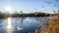 Sonniger Tag am 9. Januar 2024: Bei Warendorf hat sich an den überfluteten Emsauen der Ems eine Eisschicht auf dem Wasser gebildet.